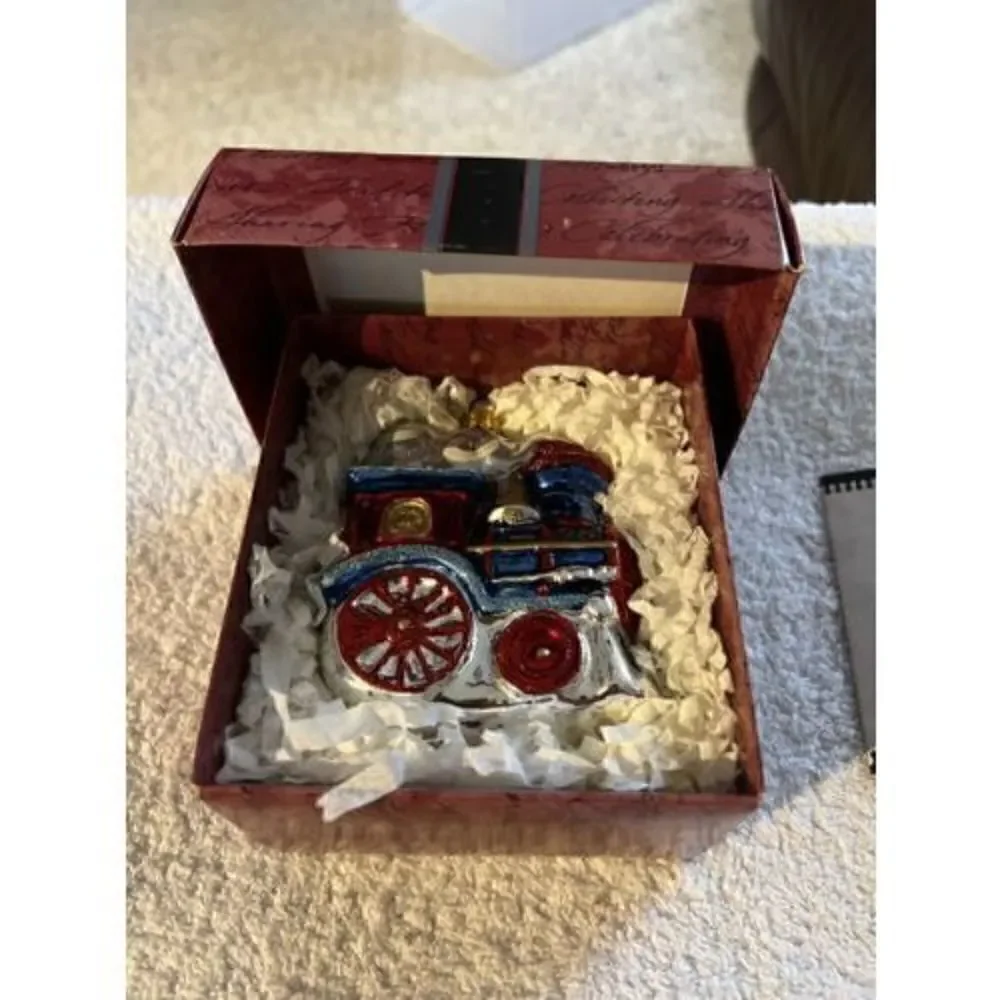 1998 Hallmark Keepsake Crown Reflections Blown Glass FESTIVE LOCOMOTIVE ornament